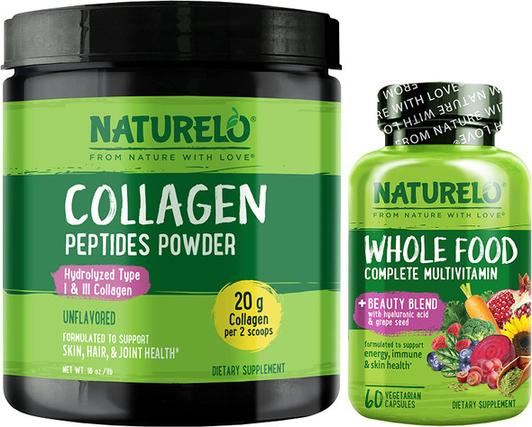 NATURELO Whole Food Beauty Multivitamin, 60 Count Collagen Peptide Powder, 45 Servings