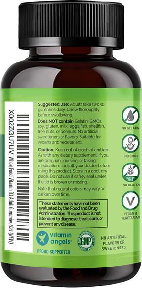 NATURELO Vegan D3 Gummies for Bone, Teeth, & Immune Health - 2000 IU Vitamin D3 - Plant-Based Whole Food Supplement - 60 Vegan-Friendly Gummies