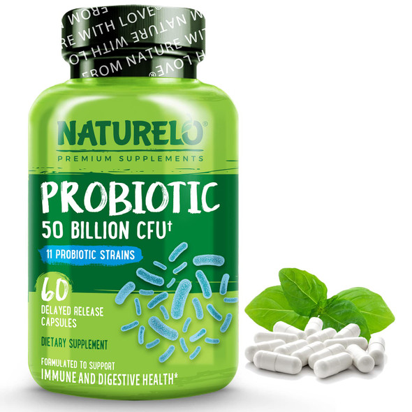NATURELO Probiotic Supplement - 50 Billion CFU - 11 Strains - One Daily - Helps Support Digestive & Immune Health - Delayed Release - No Refrigeration Needed - 60 Vegan Capsules