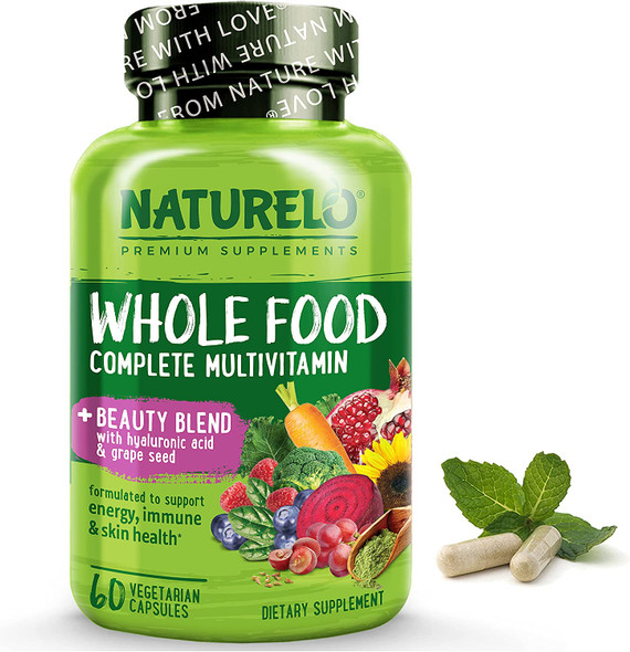 NATURELO Whole Food Multivitamin with Extra Hair, Skin and Nails Support  Beauty Blend with Hyaluronic Acid & Grape Seed - High Potency Biotin , Vitamin C , and Glutathione - 60 Vegan Capsules