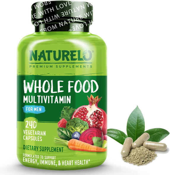 Naturelo Whole Food Multivitamin For Men - Vitamins, Minerals, Antioxidants, Organic Extracts - Vegetarian - For Energy, Brain, Heart, Eye Health - 240 Vegan Capsules