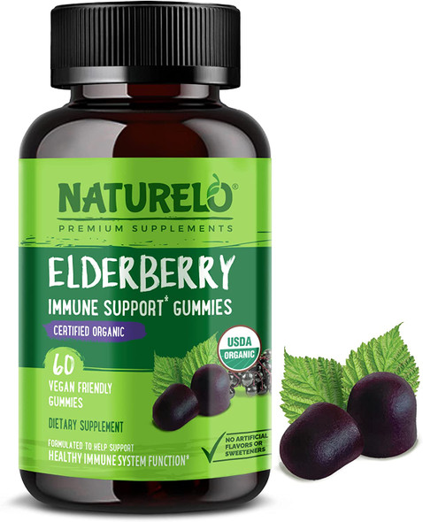 NATURELO Elderberry Gummies  Immune Support with Sambucus Elderberry + Vitamin C + Zinc  Certified Organic, 60ct