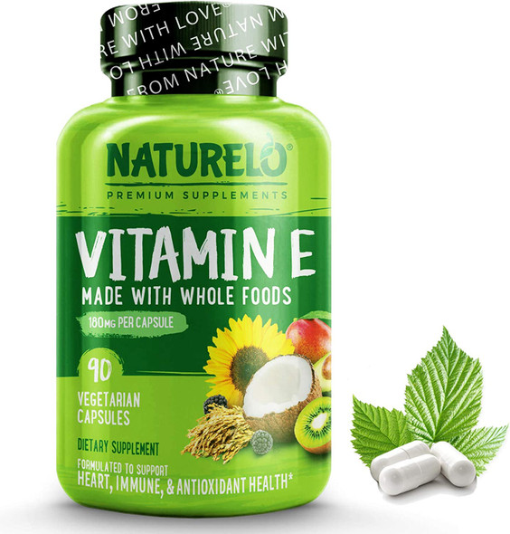 NATURELO Vitamin E - 180 mg (300 IU) of Natural Mixed Tocopherols from Organic Whole Foods - Supplement for Healthy Skin, Hair, Nails, Immune & Eye Health - Non-GMO, Soy Free - 90 Vegan Capsules