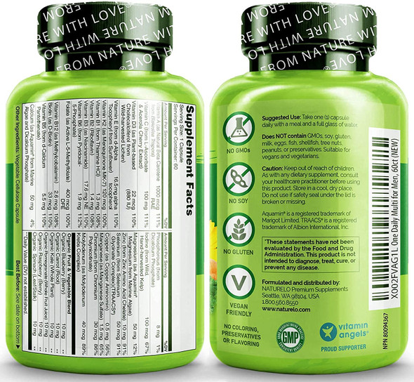 NATURELO One Daily Multivitamin for Men - with Vitamins & Minerals + Organic Whole Foods - Supplement to Boost Energy, General Health - Non-GMO - 180 Capsules