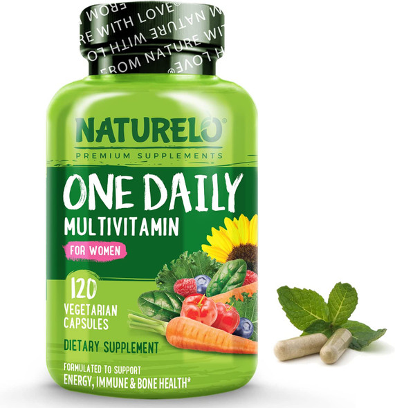 NATURELO One Daily Multivitamin for Women - Energy Support - Whole Food Supplement to Nourish Hair, Skin, Nails - Non-GMO - No Soy - Gluten Free - 120 Capsules - 4 Month Supply
