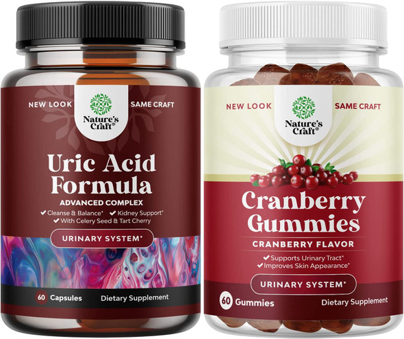 Bundle of Uric Acid Vitamins and Natural Cranberry Gummies for Men and Women - Herbal Full Body Cleanse Joint Support - Antioxidant Cranberry Chews 1000mg for Urinary Tract Health Kidney Support
