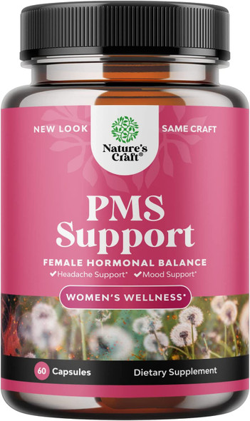 Herbal PMS Support Supplement for Women - Feminine Balance Complex with PMS Vitamins for Women for Fatigue Water Retention Hot Flashes Mood Support Period Cramps and Bloating Relief for Womens Health