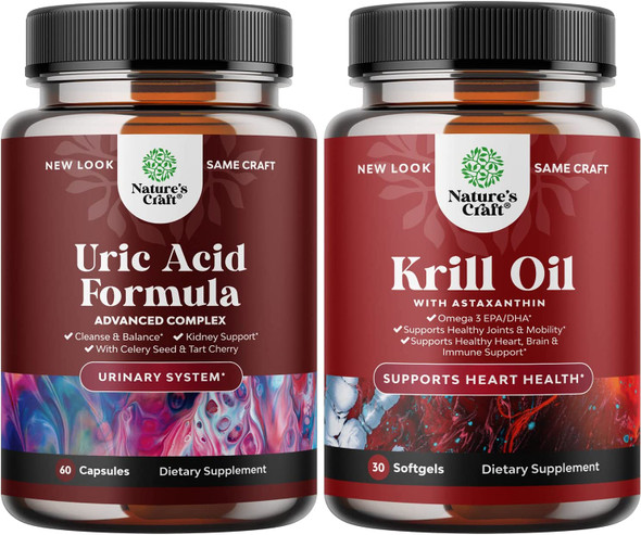 Bundle of Uric Acid Support and Omega 3 Krill Oil Supplement - Uric Acid for Kidney Support with Milk Thistle and More - Brain Supplement for Bloating and PMS Relief with Omega 3 Fatty Acids