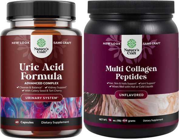 Bundle of Uric Acid Vitamins and Hydrolyzed Collagen Peptides Protein Powder - Provides Support for Muscle Recovery and Kidney Support - Provides Vitamins for Faster Hair Growth