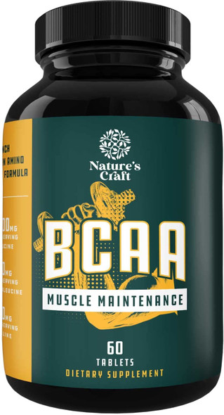 Natures Craft's BCAA Branched Chain Amino Acids Supplement Natural Muscle Builder Pure Energy Booster and Workout Exercise Support for Men and Women Boost Recovery L-Leucine L-Valine 60 Tablets