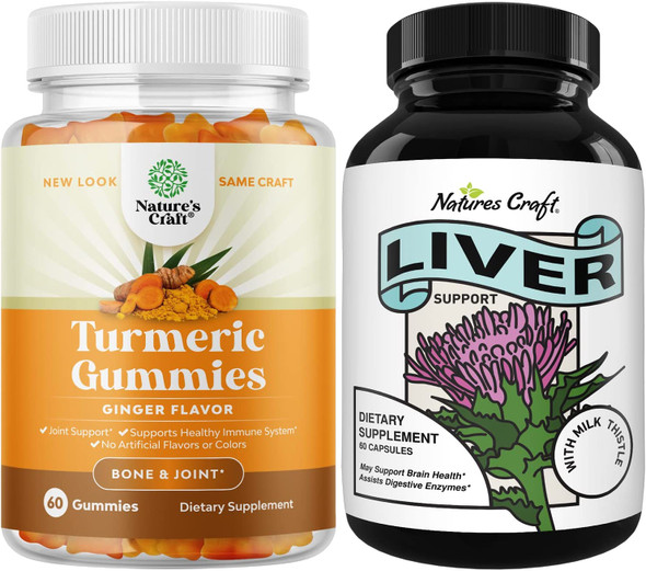 Bundle of Liver Support Capsules & Turmeric Curcumin Gummies - Provides Body Cleanse & Detox, Recovers Youth, Glowing Skin & Joint Support - Perfect for Both Men & Women - Milk Thistle & Pepper Joint