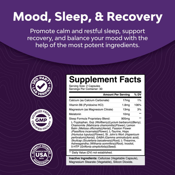 Natural Revitalizing Sleep Formula - Supports Deep Uninterrupted Sleep - Non Addictive Supplement - Magnesium L-Theanine Gaba - Purest Herbal Ingredients