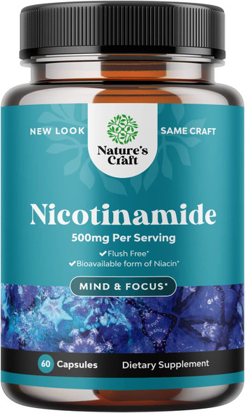 Vitamin B3 Nicotinamide 500mg Capsules - Mitochondrial Energy and Anti Aging Skin Supplement - AKA Vitamin B3 Niacin 500mg Flush Free and Niacinamide 500mg - Flush Free Niacin Supplement - 60 Count