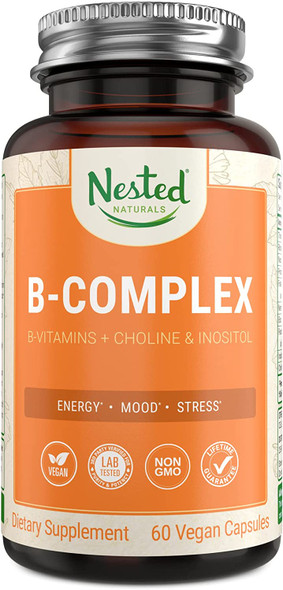 Vegan B-Complex Vitamins Plus Choline & Inositol | High Potency B1, B2, B3, B5, B6, B7, B9 Supplement with Pure Methyl B12 | 60 Vegan Capsules | Energy, Immunity & Metabolism Booster