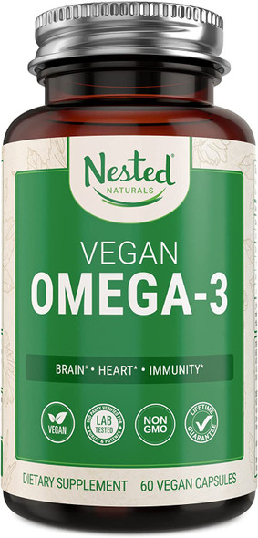 Vegan Omega-3 DHA Supplement | Plant Based Omega 3+6 Fatty Acids | More Absorbable, Improved Formula | Supports Heart, Brain, Joint Health | Fish Oil Alternative - No Fishy Burps