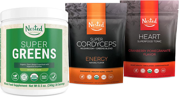 Nested Naturals Healthy Vital Aging for Men for, Super Greens Powder, Superfood Heart Tonic, Super Cordyceps Mushrooms Powder