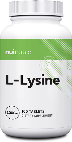 Nui Nutra L-Lysine Tablets Supplement | 1000mg | 100 Tablets | Skin, Bone, Lip, & Gum Support | Promotes Healthy Tissue and Collagen Levels | Non-GMO & Gluten Free | for Men & Women