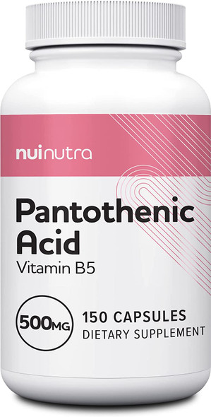 Nui Nutra Pantothenic Acid (Vitamin B5) Supplement | 500mg | 150 Capsules | Supports Energy & Focus | Supports Digestive System | Promotes Healthy Skin