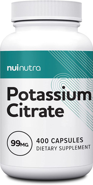 Nui Nutra Potassium Citrate Supplement | 99mg | 400 Capsules | Electrolyte and Essential Mineral | Support for Bones, Heart, Immune System, and Muscle Contraction | Citrato de Potasio
