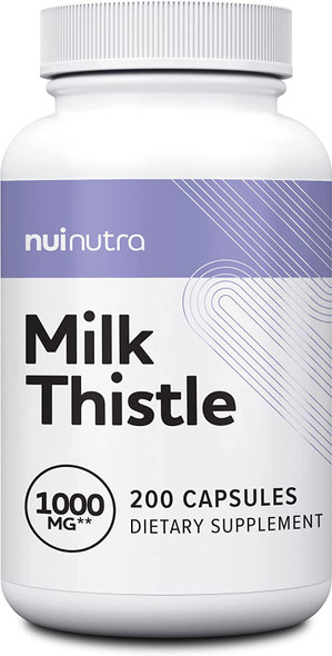 Nui Nutra Milk Thistle 1000mg (Sylibum Marianum) Supplement Silymarin | 200 Capsules | Gluten-Free 4:1 Seed Extract - Liver Support | Powerful Antioxidants