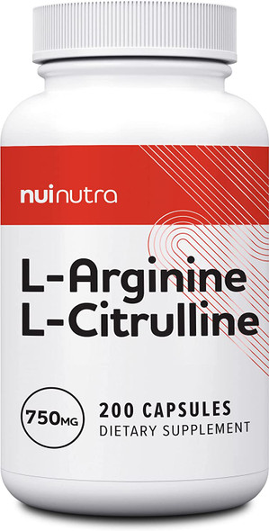 Nui Nutra L-Arginine L-Citrulline Supplement | 750mg | 200 Capsules | Boost Nitric Oxide | Supports Endurance & Athletic Performance | Promotes Energy