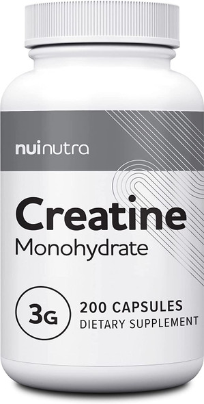 Nui Nutra Creatine Monohydrate Pills | 3G | 200 Capsules | Muscle Mass, Strength, and Performance Improvement for Men and Women | Pre Workout Energy & Post Workout Recovery