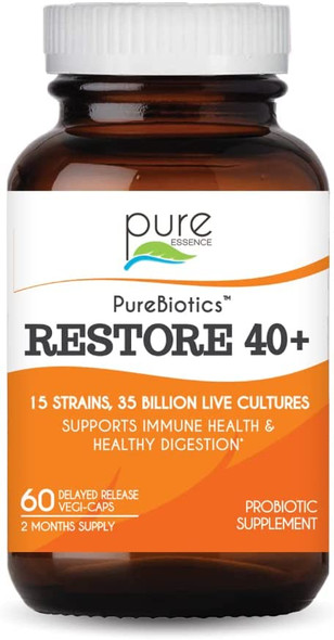 Pure Essence Labs PureBiotics Restore 40+ Probiotic Supplement - Supports Immune & Digestive Health - Dairy & Gluten Free - 15 Probiotic Strains - 35 Billion CTU - Adults Natural Probiotics (60 Caps)