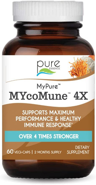 MYcoMune 4X Organic Mushroom Supplement - Reishi, Lion's Mane, Cordyceps, Chaga, Shiitake, Maitake for Immune System, Combat Stress, Build Energy by Pure Essence - 60 Caps