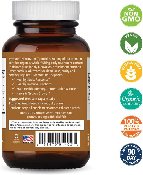 MYcoMune Immune Support Supplement - Organic Mushrooms Reishi, Lion's Mane, Cordyceps, Chaga, Shiitake, Maitake for Stress, Energy and Brain by Pure Essence- 60 Caps