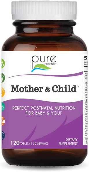 Pure Essence Mother and Child Postnatal Vitamins with Whole Foods, Super Foods, Minerals, Iron, Folate, Non GMO, Vegan - 120 Tablets