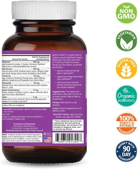 Pure Essence Mother and Child Postnatal Vitamins with Whole Foods, Super Foods, Minerals, Iron, Folate, Non GMO, Vegan - 120 Tablets