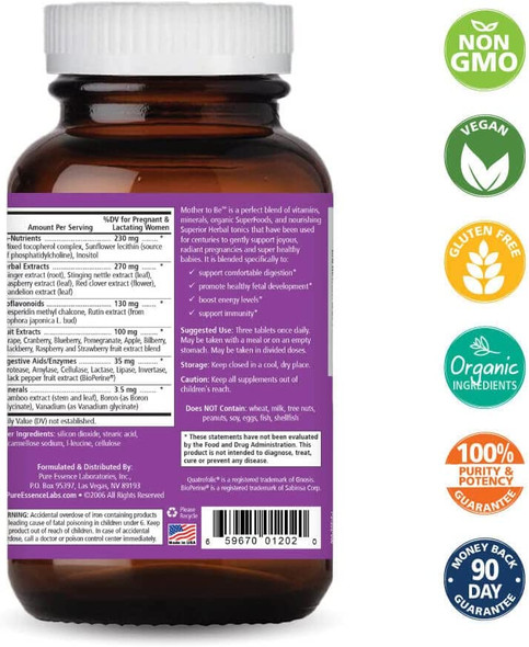 Pure Essence Mother to Be Prenatal Vitamins with Whole Foods, Super Foods, Minerals, Iron, Folate, Non GMO, Vegan - 90 Tablets