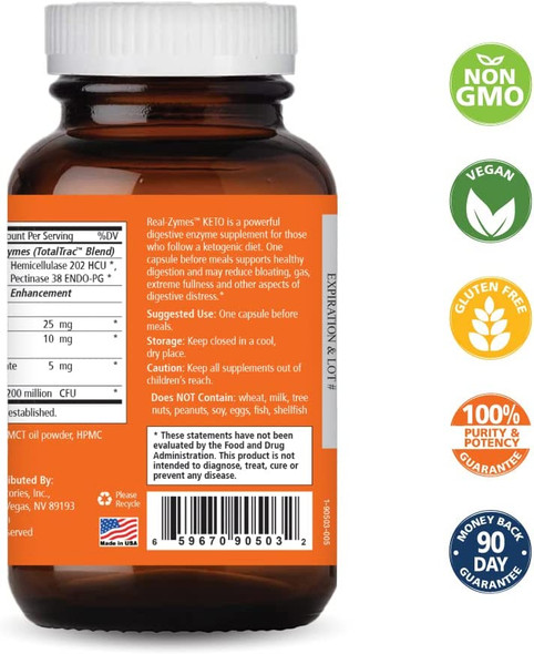 Real-Zymes Keto Digestive Enzymes Supplement with Probiotics for Better Digestion - Natural Support for Relief of Bloating, Gas, Belching, Diarrhea, Constipation, IBS, etc. - 90 Caps