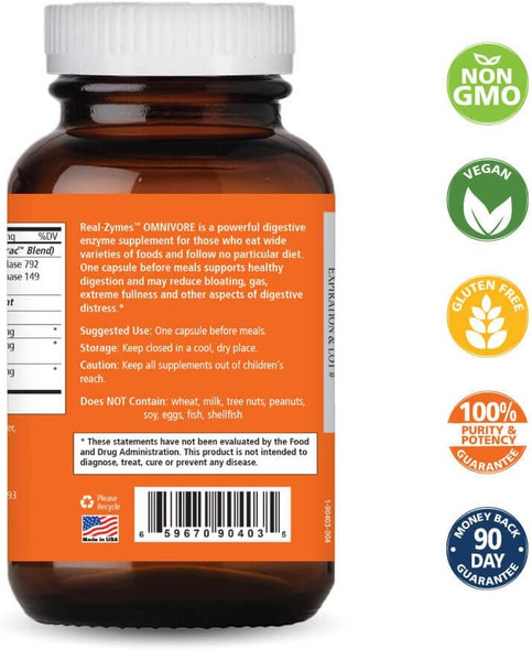 Real-Zymes Omnivore Digestive Enzymes Supplement with Probiotics for Better Digestion - Natural Support for Relief of Bloating, Gas, Belching, Diarrhea, Constipation, IBS, etc. - 90 Caps