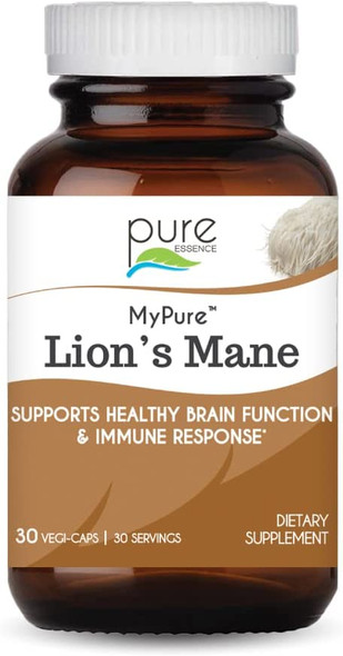 Pure Essence Labs MyPure Lions Mane Organic Mushroom Supplement - 100% Real Mushroom Extract for Immune Support, Combat Stress, Build Energy - Best Immune Booster for Men and Women (30 Capsules)