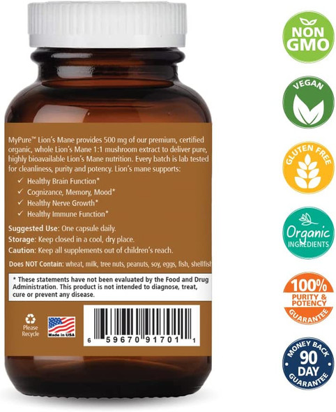Pure Essence Labs MyPure Lions Mane Organic Mushroom Supplement - 100% Real Mushroom Extract for Immune Support, Combat Stress, Build Energy - Best Immune Booster for Men and Women (30 Capsules)