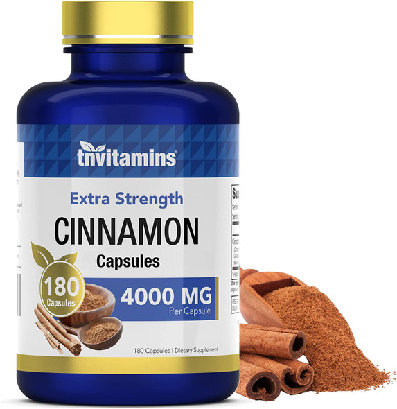 Cinnamon Capsules 4000 MG - 180 Capsules | Ceylon Cinnamon & Cassia Cinnamon Pills | Blood Sugar Support Supplement* | Extra Strength Cinnamon Bark Extract | Cinnamon Complex | by TNVitamins
