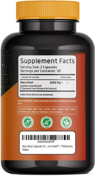 Maca Root Capsules for Women & Men (3200 MG - 180 Capsules) | Peruvian Maca Root Powder Extract Capsules | High Potency Maca Pills | Non-GMO | by TNVitamins