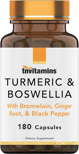 tnvitamins Turmeric & Boswellia Complex (180 Capsules) with Ginger Root , Bromelain, & Black Pepper Extract | Joint-Ease Formula: Powerful Joint Support Supplement* | Produced in The USA