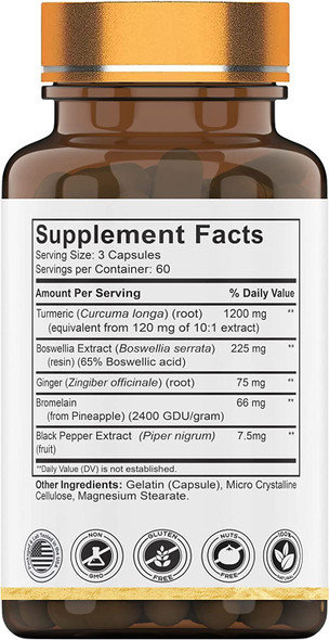 tnvitamins Turmeric & Boswellia Complex (180 Capsules) with Ginger Root , Bromelain, & Black Pepper Extract | Joint-Ease Formula: Powerful Joint Support Supplement* | Produced in The USA