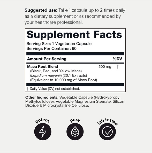 10,000mg 20x Concentrated Extract - Single Origin Wildcrafted Maca Root Capsules - Ultra High Strength - Highly Purified Peruvian Maca Root Powder - Gelatinized Black, Red and Yellow Complex