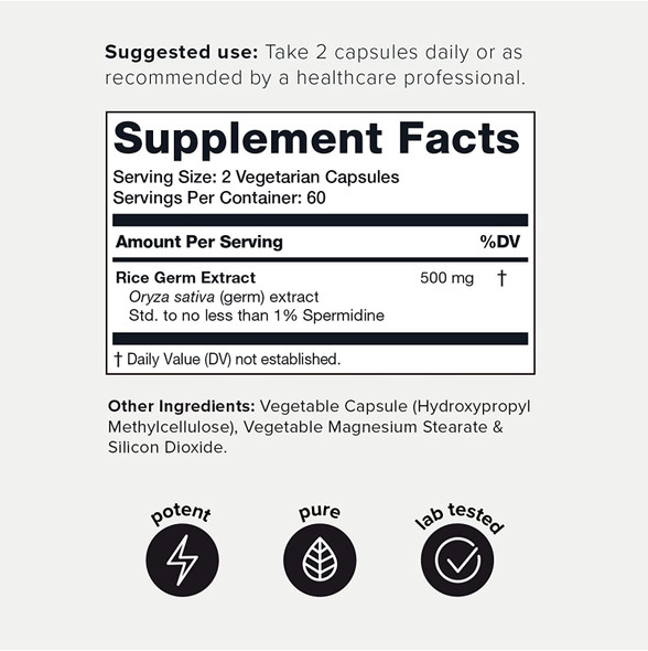 Spermidine Third-Party Tested 500mg Formula - Standardized to No Less Than 1% Spermidine - Rice Germ Extract - 5mg of Spermidine per Serving - 120 Vegetarian Capsules