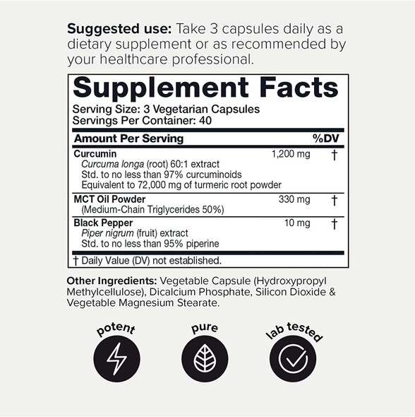 72,000mg (60:1 Concentrated) 97% Turmeric Curcumin Pure Extract - 1,164mg min. of Pure Tested Curcuminoids - Added MCT Oil and Black Pepper - 120 Veggie Tumeric Supplements Capsules