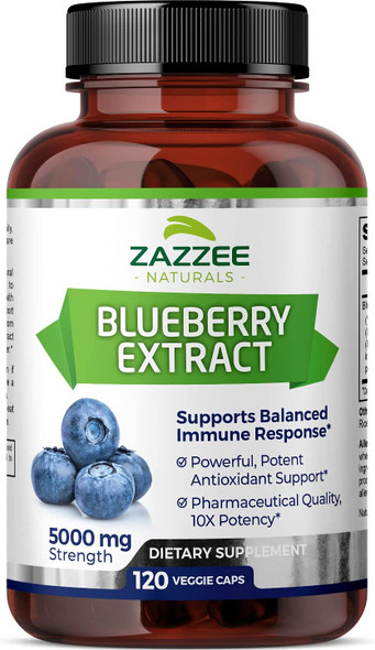 Zazzee Whole Fruit Blueberry Extract, 5000 mg Strength, 120 Vegan Capsules, Potent 10:1 Extract, 4 Month Supply, Vegan, All-Natural and Non-GMO