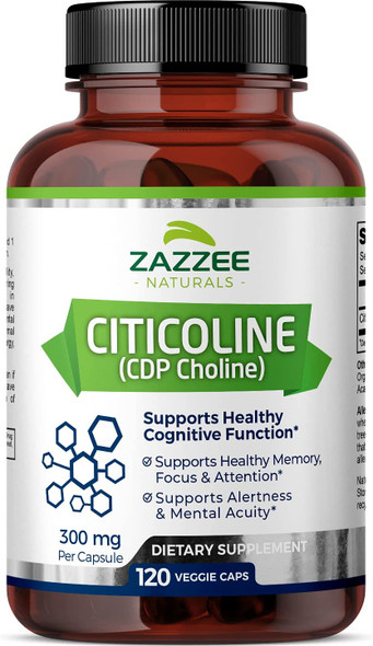 Zazzee Citicoline CDP Choline 300 mg per Capsule, 120 Vegan Capsules, 4 Month Supply, Vegan, Non-GMO and All-Natural, Premium Grade, Contains Organic Stabilizers