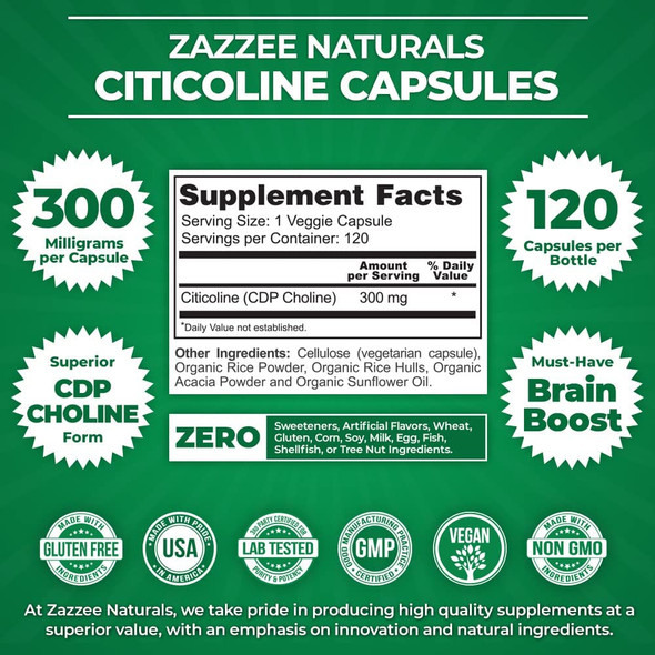 Zazzee Citicoline CDP Choline 300 mg per Capsule, 120 Vegan Capsules, 4 Month Supply, Vegan, Non-GMO and All-Natural, Premium Grade, Contains Organic Stabilizers