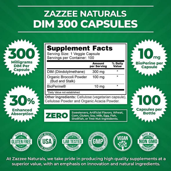 Zazzee Extra Strength DIM 300 mg per Capsule, 10 mg BioPerine, 100 Vegan Capsules, 100 Day Supply, Plus Pure Organic Broccoli Extract, Vegan and Non-GMO