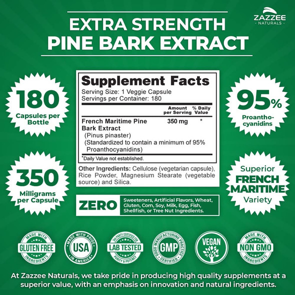 Zazzee Extra Strength French Maritime Pine Bark Extract, 350 mg Per Capsule, 180 Vegan Capsules, 95% Proanthocyanidins, 6 Month Supply, Non-GMO and All-Natural