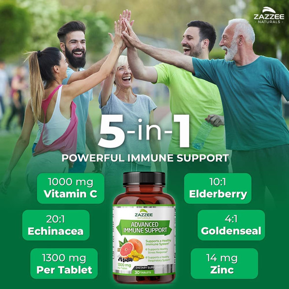 Zazzee Advanced Immune Support, 1300 mg per Tablet, 30 Day Supply, with 1000 mg Vitamin C, Zinc, 1000 mg Strength Echinacea, 1000 mg Strength Elderberry and 200 mg Strength Goldenseal, All-Natural