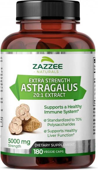 Zazzee Extra Strength Astragalus Root 20:1 Extract, 5000 mg Strength, 180 Vegan Capsules, 70% Polysaccharides, 6 Month Supply, Non-GMO and All-Natural